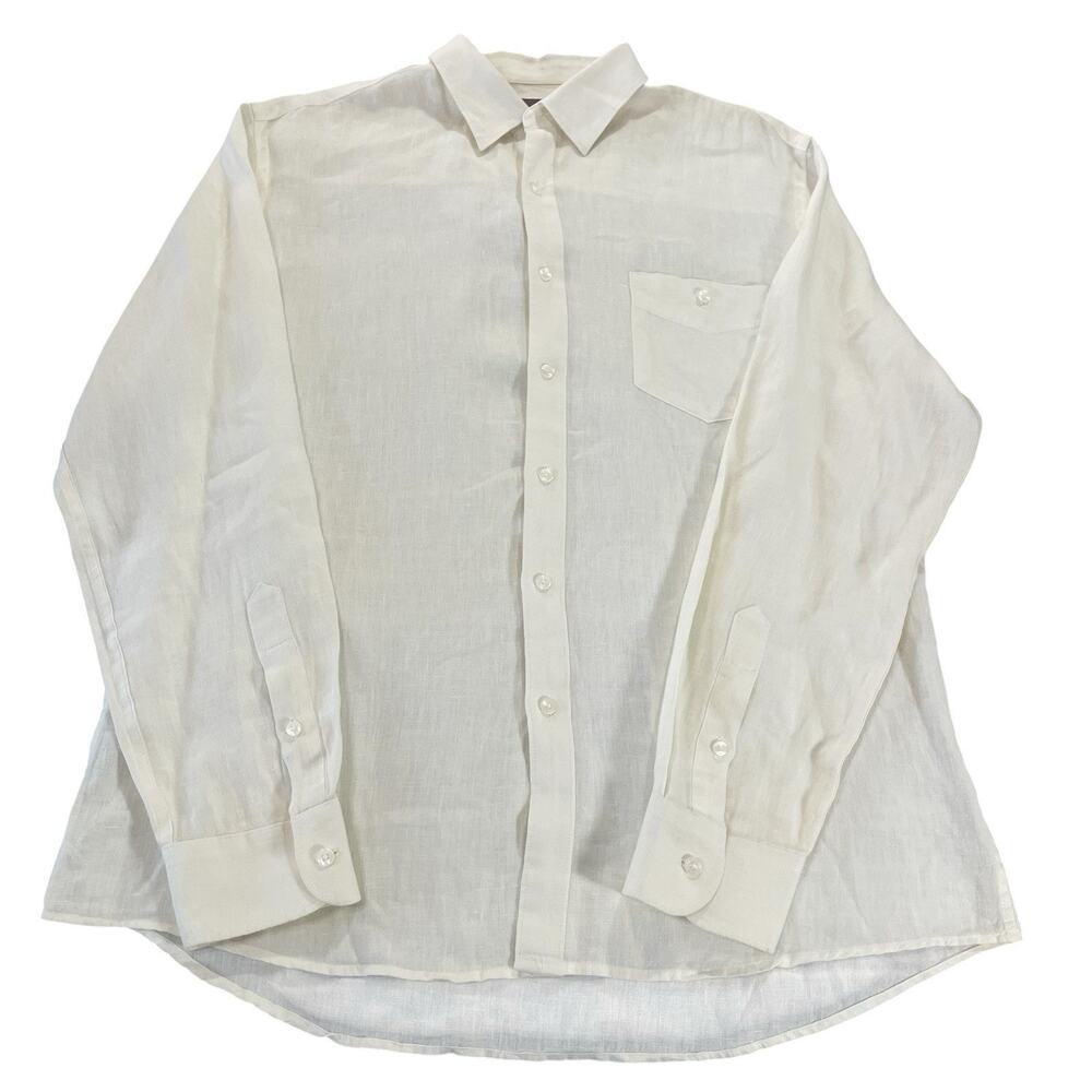 Perry Ellis 100% Linen Button Up Shirt Mens Large Cream Long Sleeve